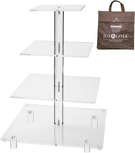 Miniatura 6 de Jusalpha, soporte de acrílico para pastel, cuadrado y resistente, con 4 niveles, torre para exhibir postres, Transparente