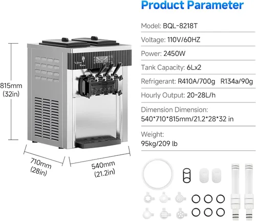 Miniatura 6 de Máquina de Helado de Servicio Suave, Rendimiento de 28 QT/H, 2450W, Máquina de Helado Comercial de Encimera con Tolva de 2x6L, 3 Dispensadores