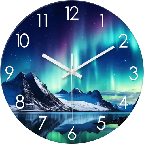 Miniatura 15 de XNM Relojes de Pared de Cristal Verde Azulado Operados con Batería 12 Pulgadas Aurora Relojes de Pared Modernos para Decoración de Sala de Estar