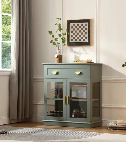 FOREST GRAVITY Armario de buffet pequeño de 31.5 pulgadas con puertas de cristal, pequeño gabinete de barra de café con almacenamiento, aparador