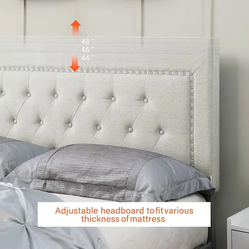 Miniatura 3 de Base de cama de plataforma tapizada tamaño matrimonial con cabecero ajustable de 48 pulgadas de alto, cama de terciopelo de lino con botones