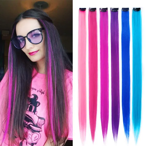 Miniatura 13 de 16 piezas de extensiones de cabello con clip de color púrpura, varios colores, para fiestas, clip en postizo sintético, para Halloween, cosplay