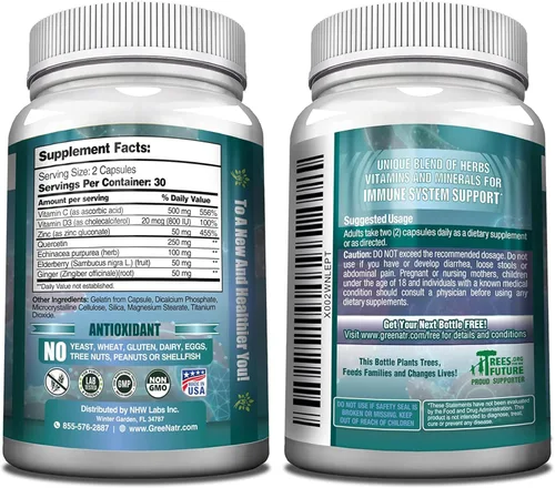 Miniatura 6 de GreeNatr Suplemento de apoyo inmunológico con vitamina C, D3, cinc 50 mg, quercetina, equinácea purpurea, sambucus saúco y jengibre para una defensa