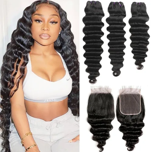Miniatura 31 de Paquetes de cabello brasileño suelto de onda profunda con cierre, 3 paquetes y cierre de cabello humano de 10, 12, 14+10 pulgadas, 100% sin