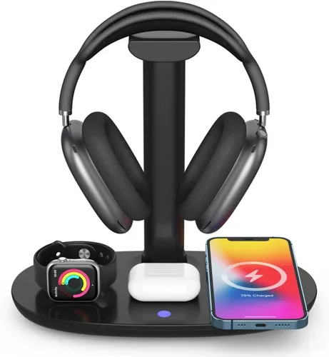Cargador inalámbrico 4 en 1 con soporte para auriculares, soporte para cascos y base de estación para Apple Watch, AirPods Max/Pro/Pro 2/AirPods