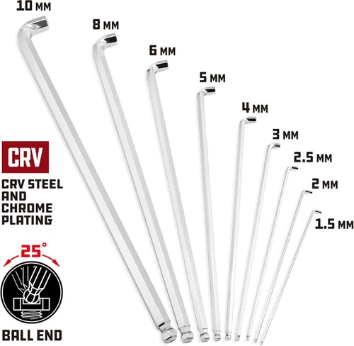 Miniatura 3 de Powerbuilt Juego de llaves hexagonales de extremo de bola de brazo largo métrico de 9 piezas, llave Allen, brazo extralargo, extremo de bola
