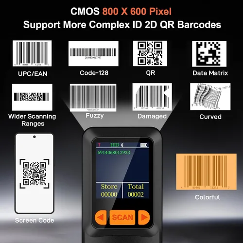 Miniatura 5 de KUIIYER Mini escáner de código de barras Bluetooth, escáneres inalámbricos 2D QR 1D de código de barras con pantalla LCD y teclado de ajuste y voz