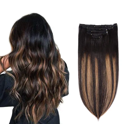 Miniatura 9 de 5 Piezas de extensiones de cabello humano Remy con clip - Extensiones de cabello real sedoso, corto y grueso para mujeres y niñas