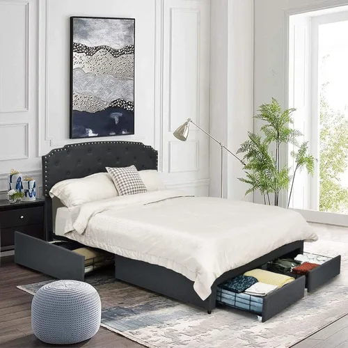 Miniatura 7 de Giantex Base de cama tapizada, cama de tamaño matrimonial con 4 cajones de almacenamiento y cabecera ajustable con botones, soporte de listones