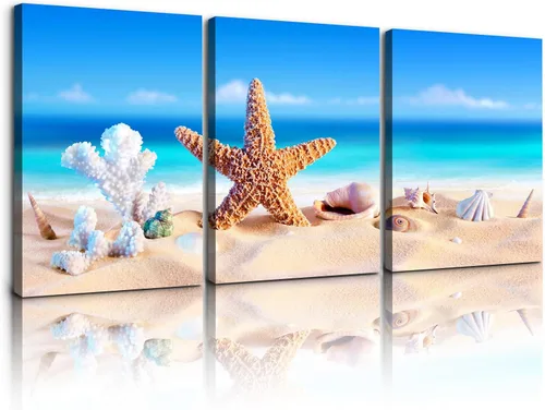 Miniatura 6 de YONICA Lienzo decorativo de 3 paneles para decoración del hogar, mar azul, puesta de sol y playa, pintura, impresión sobre lienzo, paisaje marino