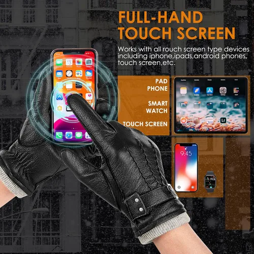 Miniatura 4 de Guantes de piel de oveja genuina para hombres, guantes de invierno cálidos para pantalla táctil, para conducir, motocicleta, guantes forrados