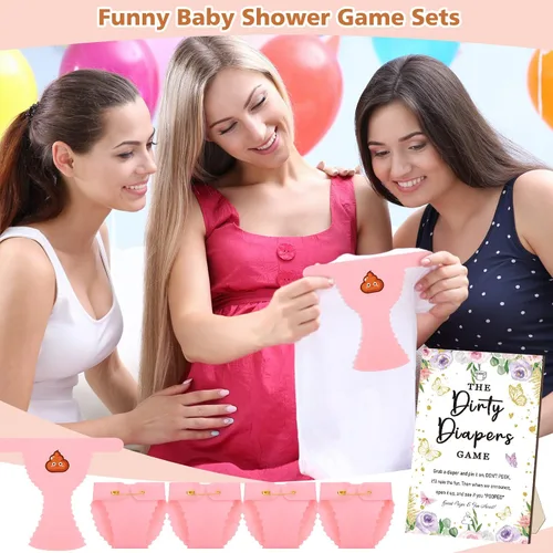 Miniatura 5 de BBTO 51 piezas de pañales sucios para baby shower, juego de mariposa para baby shower, divertido letrero de madera, 50 piezas, mini pañal de fieltro