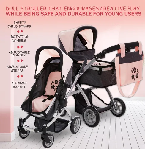 Miniatura 2 de Dolls To Play Cochecito Convertible de Muñeca Bebé para Niños, Mango Ajustable Carrito Buggy Plegable con Toldo y Cesta de Almacenamiento, Ruedas