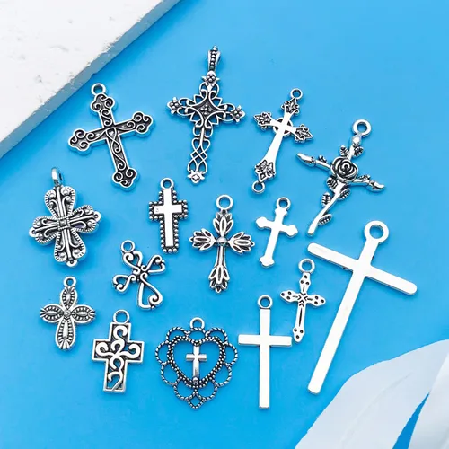 Miniatura 3 de Youdiyla Aleación de plata antigua Cruz serie colgante fabricación de joyas DIY llavero pendientes Diversos diseños dijes para hacer joyas, pulseras