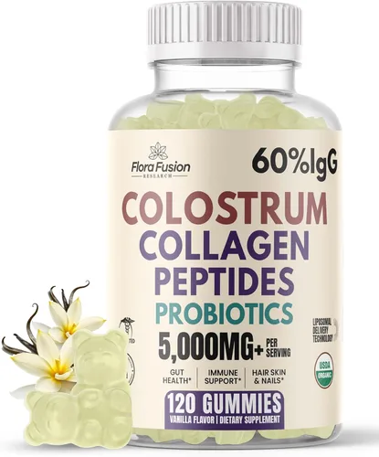 Gomitas de calostro I Péptidos de colágeno I Probióticos 5000+ mg con 60% IgG I Apoyo a la inmunidad y salud intestinal - Tecnología liposmal -