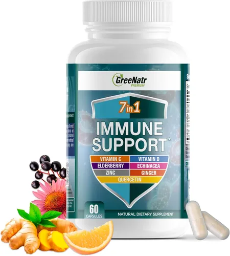 GreeNatr Suplemento de apoyo inmunológico con vitamina C, D3, cinc 50 mg, quercetina, equinácea purpurea, sambucus saúco y jengibre para una defensa