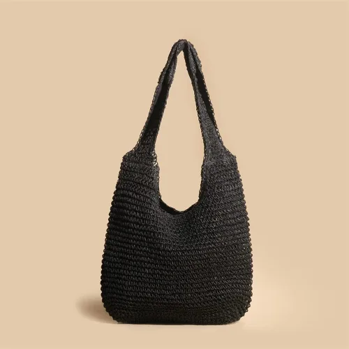 Miniatura 5 de QTKJ Bolso de hombro de paja suave y grande tejida a mano estilo bohemio, bolso de playa de verano retro (negro), Beige, Caqui, Negro, 15.3''x 24.4