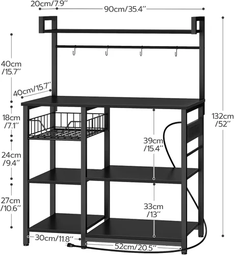 Miniatura 5 de HOOBRO Estante de Panadero de Cocina con Toma de Corriente, Barra de Café, Soporte para Horno de Microondas con Canasta de Malla, Estación de Café