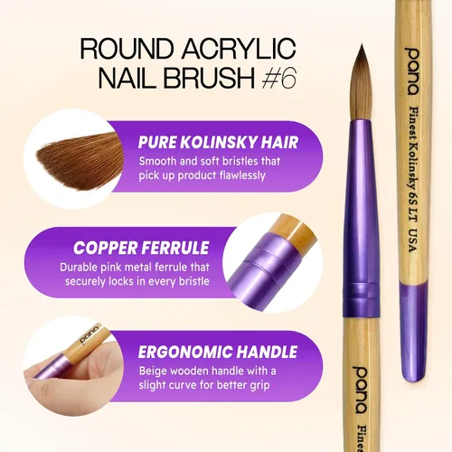 Miniatura 3 de PANA Pure Kolinsky Cepillo de uñas acrílico con mango de madera - forma redonda