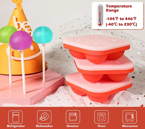 Miniatura 4 de Webake Juego de 3 moldes para piruletas, moldes de silicona para caramelos duros con 100 palitos de papel, moldes redondos 3D de caramelo con tapas