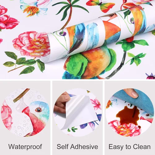 Miniatura 7 de Papel tapiz de 24 x 118 pulgadas de ancho, diseño floral de peonía y pájaro, papel tapiz de hojas de vinilo extraíble, autoadhesivo de mariposa
