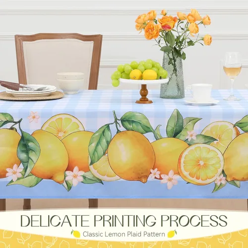Miniatura 4 de Romanstile Mantel rectangular de verano, diseño de búfalo con flores de limón, a cuadros, resistente a las manchas, para cenas, fiestas, pícnics