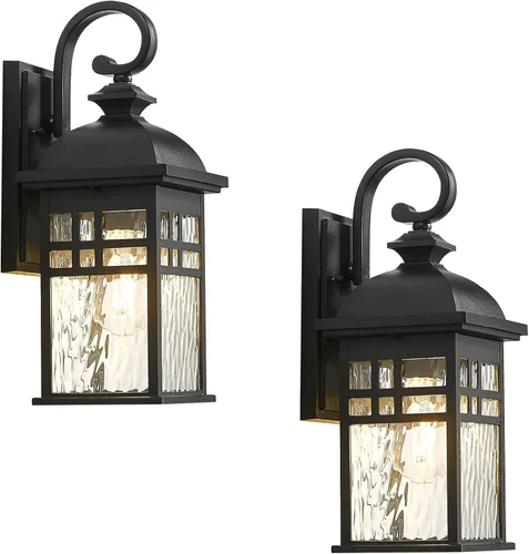Farol de pared exterior de aluminio negro con vidrio ondulado de agua, impermeable, luces de porche para puerta de patio, paquete de 2 enchufes E26