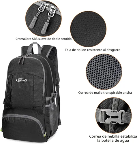 Miniatura 5 de G4Free Mochila de senderismo plegable ligera 40L, mochila de viaje impermeable Negro
