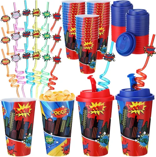 Miniatura 8 de Yungyan 16 juegos de tazas de golosinas con tapas y pajitas para decoraciones de cumpleaños, reutilizables, 16 onzas, vasos de plástico para dulces
