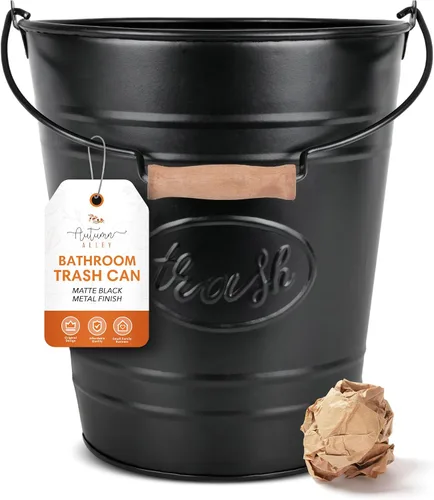 Autumn Alley Cubo de basura de baño rústico decorativo negro con mango de madera para baño, dormitorio, oficina, cocina, decoración del hogar de