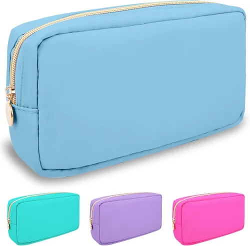 Miniatura 31 de izuzta Bolsa de maquillaje pequeña de nylon para bolso, linda bolsa de cosméticos con cremallera, bolsa de maquillaje preppy, Azul, Mini 2-Azul