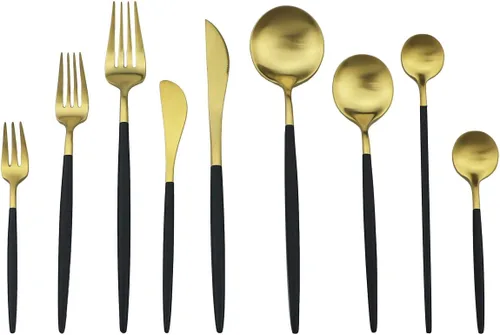 Miniatura 3 de Juego de cubiertos en oro negro de acero inoxidable 18/10, con mango negro mate, incluye tenedores, cucharas y cuchillos (10 piezas), platería