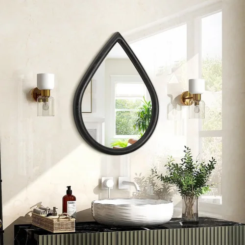 Miniatura 15 de Espejo con marco de madera, espejo de pared con forma de lágrima negra, espejo de pared rústico decorativo irregular para baño, sala de estar