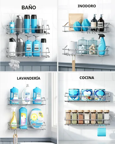 Miniatura 8 de Nieifi - Estante adhesivo para ducha con estantes de almacenamiento sin perforación de acero inoxidable con ganchos para baño, lavabo, aseo