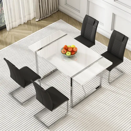 Miniatura 2 de Juego de mesa de comedor para 4, juego de mesa de cocina rectangular de MDF blanco con sillas de comedor de cuero, juego de 4, juego de mesa