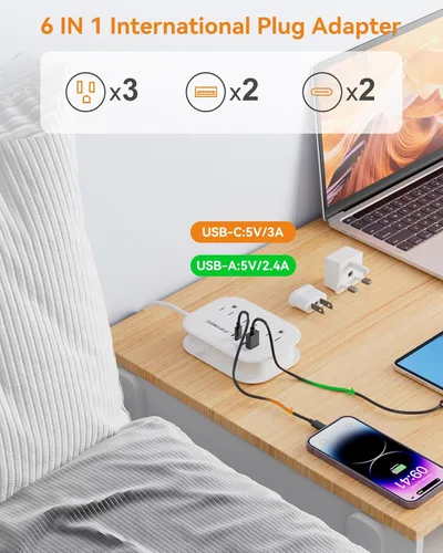 Miniatura 2 de Adaptador de enchufe europeo, regleta de alimentación de viaje UE/Reino Unido/EE. UU. con 3 salidas y 4 puertos USB (3.4A), adaptador de corriente