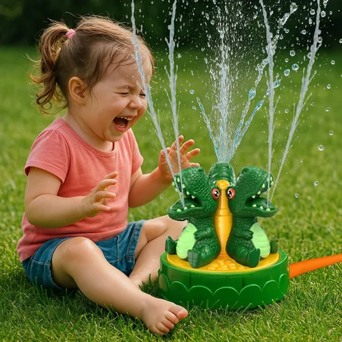 Aspersor de agua de dinosaurio para niños pequeños: rociador de agua suave giratorio de 360° para un juego seguro en el patio trasero -