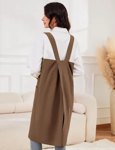 Miniatura 7 de Schine Pinafore de algodón con espalda cruzada para mujer, con bolsillos grandes, prácticos delantales para trabajos de jardinería, cocina, Marrón