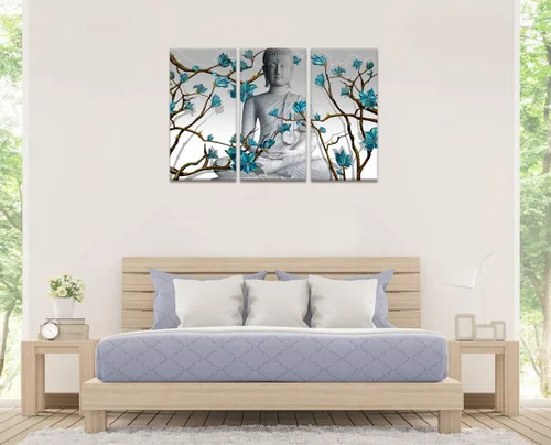 Miniatura 4 de Visual Art Decor 3 piezas de arte de pared de Buda estatua de Buda con flores azules abstractas, impresiones en lienzo para sala de estar