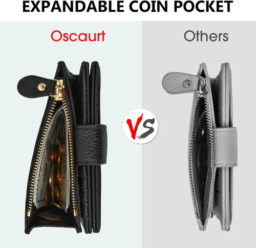 Miniatura 7 de oscaurt Billetera pequeña para mujer con bloqueo RFID, de dos pliegues, compacta, para tarjetas de crédito, de piel, con bolsillo con cremallera