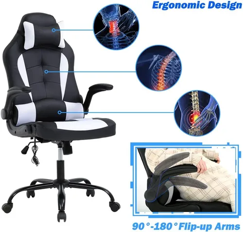 Miniatura 7 de Silla de juegos de oficina de carreras, silla de escritorio ejecutiva de respaldo alto con reposacabezas, soporte lumbar de masaje, color negro