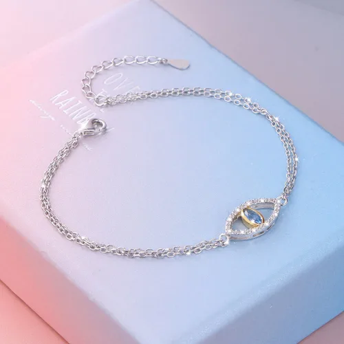Miniatura 3 de Brazalete con cadena doble, con dije para mal de ojo, de plata de ley 925 y circonio cúbico, para mujer.