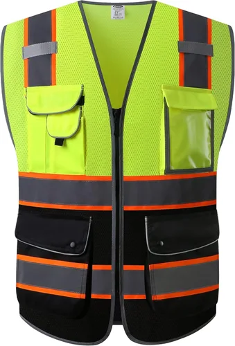 Miniatura 43 de JKSafety Chaleco de seguridad frontal con cremallera de alta visibilidad de 9 bolsillos de color dual MESH Lite Tira reflectante con ribete