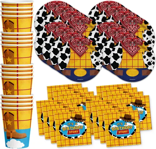 Birthday Story Toy Cowboy - Juego de suministros para fiesta de cumpleaños, platos, servilletas, tazas, kit de vajilla para 16 Historia de cumpleaños
