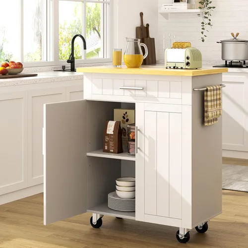 SUNLEI Isla de cocina con ruedas con gabinete de almacenamiento y cajón, mesa de cocina rodante de 26 pulgadas de ancho, mango de carrito para