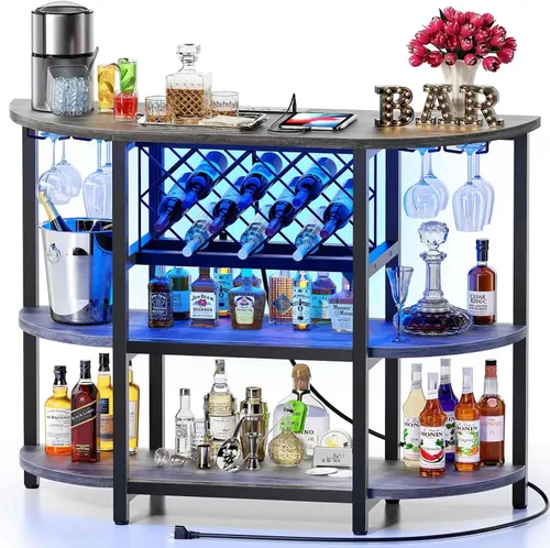Zarler Carrito de bar con toma de corriente fácil de montar, gabinete de bar LED para el hogar, para licor, 47.3 pulgadas de largo x 15.8 pulgadas