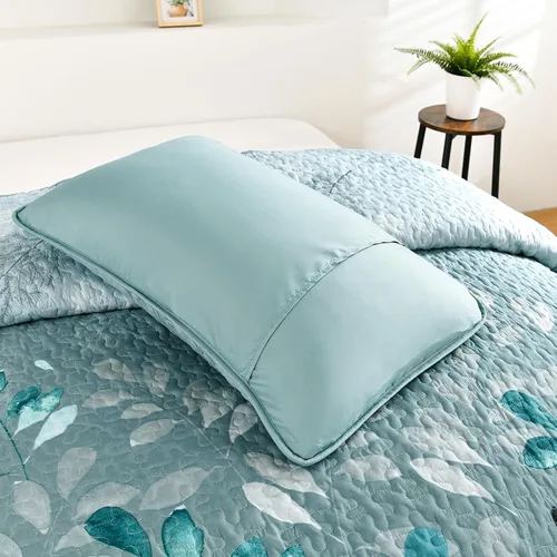 Miniatura 7 de WONGS BEDDING Juego de edredón floral tamaño Queen, 3 piezas, colcha con hojas botánicas en color agua, juego de edredón con 2 fundas de almohada