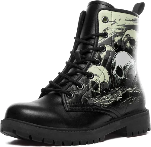 Miniatura 13 de Botas de combate negras personalizadas para mujer, con lazada, estilo cráneo y rosa, botas de tacón grueso y plataforma de cuero