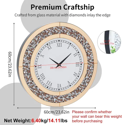 Miniatura 2 de Reloj de pared de diamante triturado redondo decorativo con espejo de 24 pulgadas, color marrón