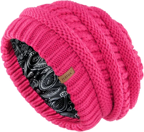 Miniatura 20 de FURTALK Gorro de invierno para mujer, con forro de satén, tejido trenzado, grueso, holgado, gorro cálido
